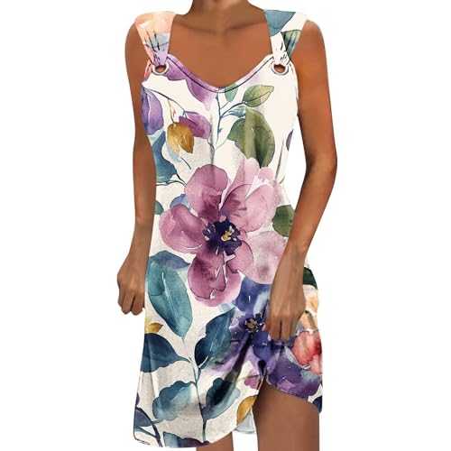 Zeiayuas Vintage Dresses for Women UK Sale Clearance Sleeveless V Neck Sundress Retro Floral Print Tank Dresses Beach Holiday Tunic Dresses Casual Loose Shift Dress A-Line Midi Dress