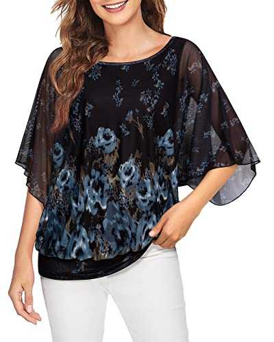 Lotusmile Women's Mesh Blouse Flouncing Flared 3/4 Sleeve Double Layered Flowy Dressy Tops