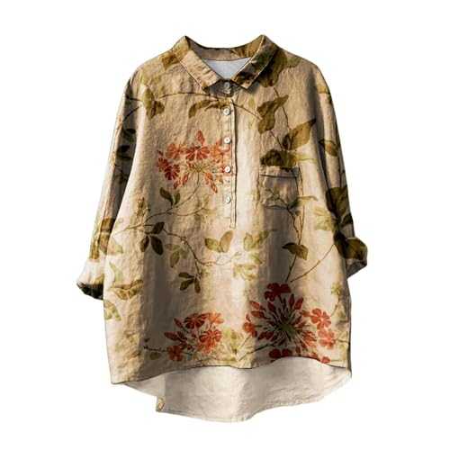 Nuaoxyeu Women Linen Shirts Vintage Art Print Lapel V Neck Button Up Blouses Casual Oversized Long Sleeve Tunic Tops Baggy Lightweight Tee Tops Stylish Holiday Tops Loose Fit Tee Shirts
