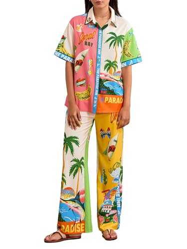Achlibe Women Y2k 2 Piece Pants Matching Set Vintage Graffiti Floral Print Short Sleeve Button Shirts Baggy Trousers