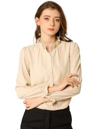 Allegra K Women's Work Office Button Closure Long Sleeve Ruffled Stand Collar Chiffon Blouse