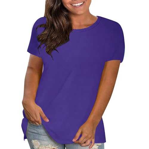 Women's Linen T-Shirt Round Neck Short Sleeve Summer Casual Solid Color T Shirts Tunic Tops Plus Size Loose Fit Ladies Tops Basic Pullover Tees Blouse Oversized Outdoor Tee Shirt UK Sale Clearance