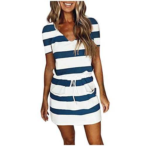 AMhomely Women Dress Sale Clearance Ladies Casual V-Neck Short Sleeve Bandage Stripe Printing Loose Dress Party Elegant UK Size