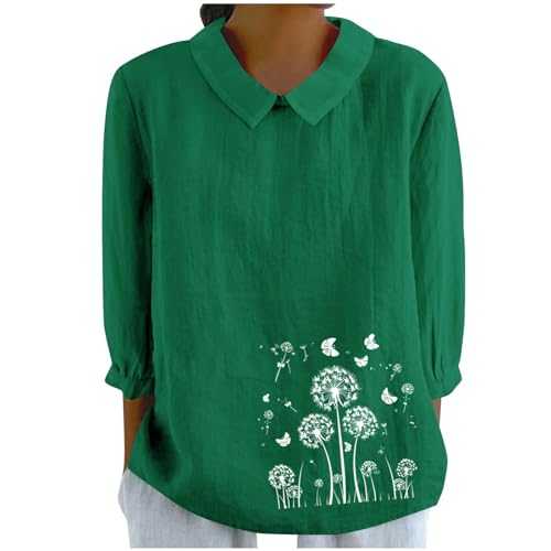 Casual 3/4 Sleeve Blouse for Women 2024 Fall Cotton Linen Lapel Neck Shirts UK Fashion Solid Color Dandelion Print Tops Dressy Comfy Loose Fit Jumper Ladies Going Out Clothes
