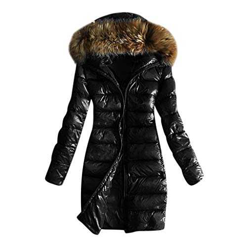 Mrat Winter Coats For Women UK Sale Clearance Quilted Long Parka Jacket Faux Fur Trim Hood Coats Shiny Down Jacket Padded Wet Look Jacket Solid Loose Casual Overcoat Lightweight Puffer Jacket Outwear