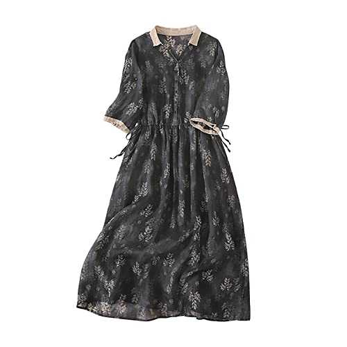 AMhomely Summer Dresses for Women UK Casual Vintage Floral Cotton Linen Shirts Dress V Neck Short Sleeve Loose Midi Dresses Oversized Ladies Dresses Party Beach Flowy Sundress Vacation Wear