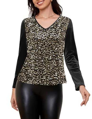 Women's V Neck Velvet Party Tops Long Sleeve Sparkly Sequin Shiny Cocktail Formal Fall Winter Blouse Tops