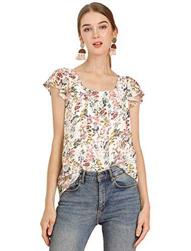Allegra K Women's Chiffon Ruffle Short Sleeve Layered Floral Print Blouse Top