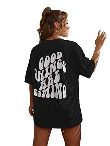 GORGLITTER Oversized T Shirts for Women Letter Graphic Print Short Sleeve Tunic Tops Loose Fit Summer Tee Top