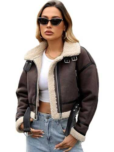 LY VAREY LIN Winter Women Faux Lamb Fur Leather Short Jacket Lapel Zipper Bomber Aviator Coat