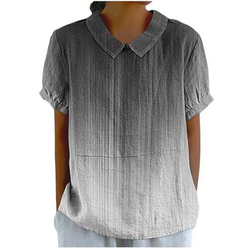 AMhomely Blouse Tops for Women UK Summer Short Sleeve Shirts Gradient Casual Office Tunic Tops Patchwork Tees Shirts Loose Collared Blouse Shirts Classic Pullover Tops Dressy Shirts