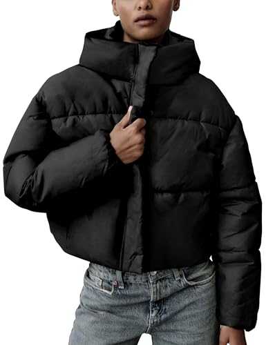 Vimyig Women's Winter Crop Hooded Puffer Jacket Baggy Warm Zip Up Short Quilted Down Jackets Outerwear