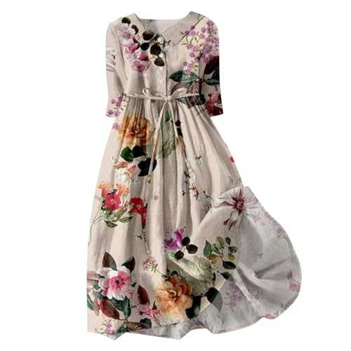 Cotton Linen Vintage Dresses for Women UK,Women Plus Size Short Sleeve Dress Loose Plain Casual Summer Flowy Tiered Long Maxi Dresses Wrap V Neck Flutter Short Sleeve Belt Tiered Flowy Beach Dresses