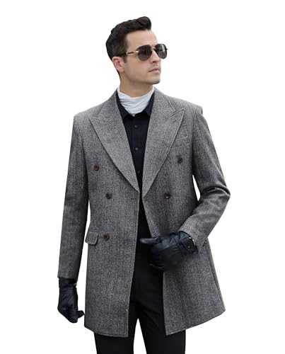 Diaryan Men Trench Coat Peacoat Jackets Male Grey Coats Casual Winter Herringbone Long Jacket for Men Warm Wool Overcoat