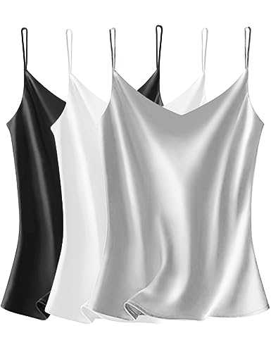 VIDUSSA Womens Silky Satin Vest Tops Pack V Neck Spaghetti Strap Loose Sleeveless Cami Tank Shirt Blouses