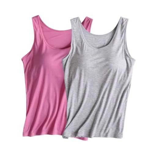 Keepink 2 Pcs Vest Tops with Built in Bra for Women UK Loose Fit Sleeveless Tunic Shirts Soft Casual Summer Vests Padded Workout Athletic Tee Tank Tops Ladies Multipack Plus Size 8/20