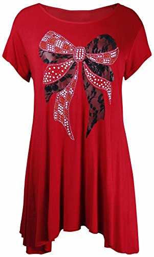 Womens New Sequin Lace Bow Ladies Short Sleeve Round Scoop Neckline Dip Uneven Shaped Hemline Top T-Shirt Top Plus Size