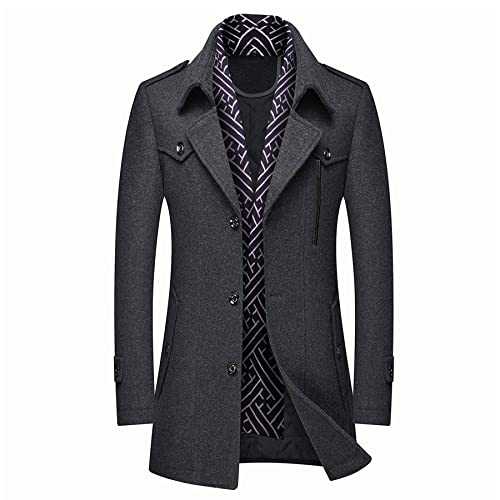 DOSLAVIDA Men's Slim Fit Woolen Pea Coat Single Breasted Winter Warm Long Trench Jackets With Removable Soft Scarf