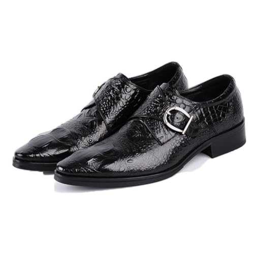 LMUIPMAA Men's Crocodile Print Oxford Shoes, Slip on Moccasins Vintage Pointed Toe Buckle Chunky Formal Leather Shoes