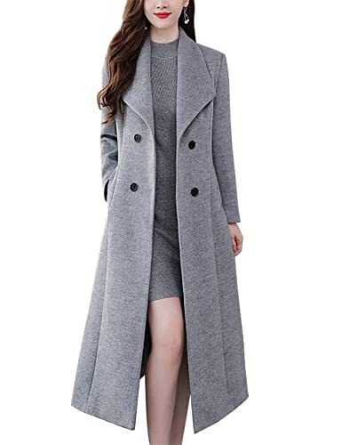 Kinghua Women's Double Breasted Wool Coats Winter Long Wool Pea Coat Overcoat