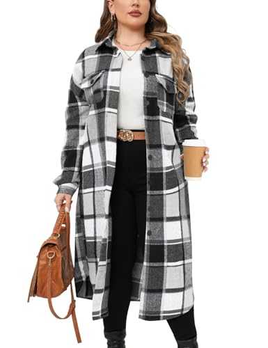 CYCLAMEN 2024 Women's Plus Size 1X-5X Long Flannel Plaid Shacket Jacket Calf-Length Button Down Coat Shirt Pocket Fall Winter