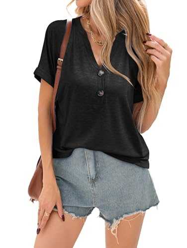 iChunhua Women's T-Shirts V Neck Summer Tops Short Sleeve Tee Shirts with Buttons S-XXL