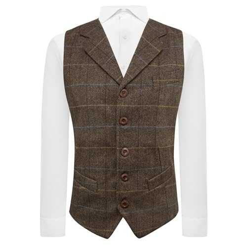 King & Priory Walnut Brown Herringbone Check Waistcoat with Lapel, Tweed