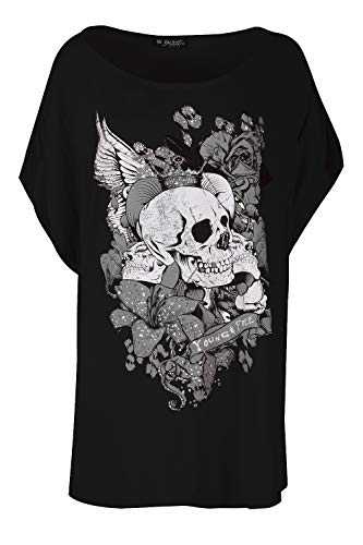 Fashion Star Womens Crown Floral Skull Baggy Lagenlook Top