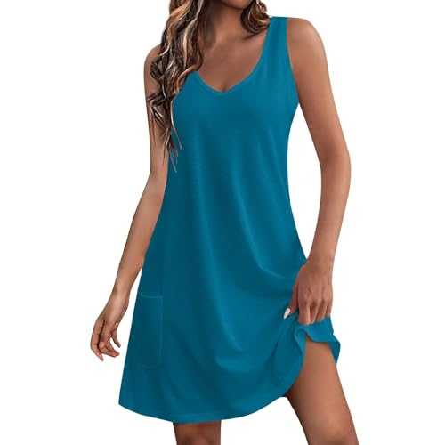 RLEHJN Tunic Dresses for Women UK Elegant Sleeveless V Neck Summer Dresses Plain Casual A Line Dresses Solid Color Beach Holiday Sundresses with Pocket Above The Knee Size 8-16