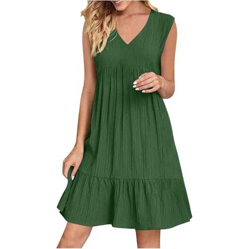Summer Dress for Women UK 2025 Fashion Boho Sleeveless V Neck Mini Dresses Casual Flowy Ruffle A-Line Swing Sundress Elegant Everyday Pleated Beach Vacation Dress for Party