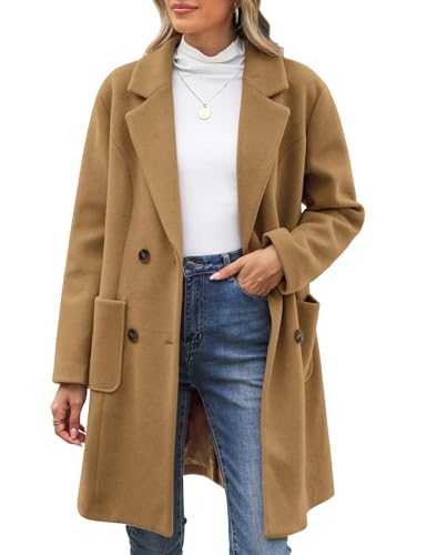 CMTOP Women's Coats Double Breasted Buttons Wool Blend Coat Lapel Collar Winter Pea Coat Mid-Length Overcoat Jackets Autumn Elegant Trench Coat Solid Womens Coats Warm Outerwear