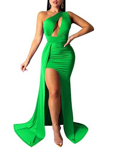 LAGSHIAN Women Sexy Elegant One Shoulder High Split Cutout Long Evening Dress