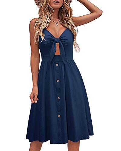 LAISHEN Womens Floral Sundress V Neck Tie Knot Front Spaghetti Strap Summer Dresses with Pockets