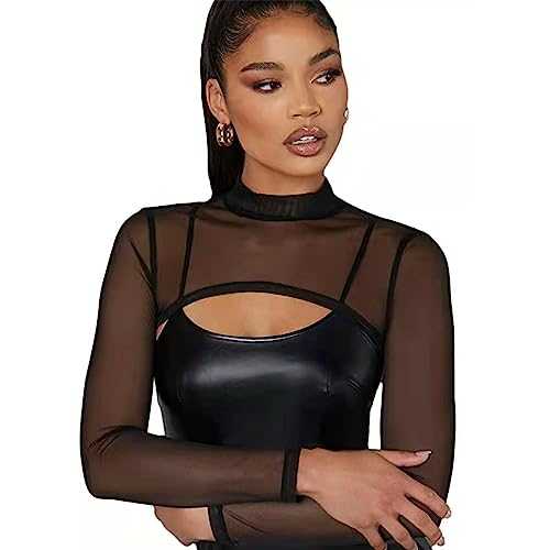 Mesh Crop Tops for Women, Black Mock Neck Long Sleeve Crop Top Cover Up, Sexy See Through Shirt Top Slim Fit Mesh Top for Swim Beach Clubwear Yoga Sports