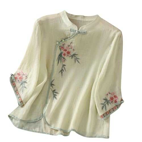 AMhomely Embroidery Blouses for Women UK 3/4 Sleeve Ladies Tops Cotton Linen Shirts Traditional Mandarin Collar Blouse Tops Going Out Casual Tees Shirts Holiday Vacation T Shirts