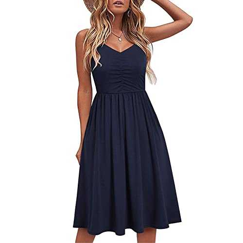 Cotton Dresses for Women UK Clearance Spaghetti Strap Dresses Beach Cover Ups Casual V Neck Mini Sundress Wear Casual Dress Women's Vintage Sleeveless A-Line Midi Dress Cocktail Party Dress