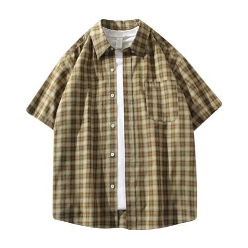 AMhomely Mens Shirts Button Up Tops Men Summer Short Sleeve Checked Shirts With Breasted Pocket Lapel Casual Oversized Shirts Tees Tops Loose Ginghams Print Blouse Cardigan Shirts Office