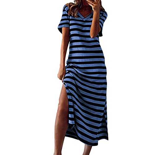 Slit Maxi Dresses for Women UK Striped Print Summer Boho Long Dress Casual Short Sleeve V-Neck Holiday Beach Sundresses Loose Plus Size Vintage Womens T-Shirt Dresses