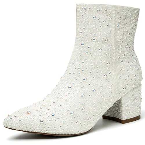 YAYONE Rhinestone Zipper Sparkling Ankle Boots - Glitter Pointed Toe Fashion Comfortable Shoes, Pull on Chunky Heel Western Boots