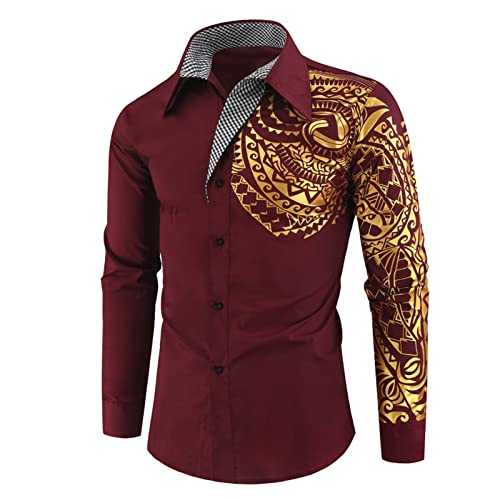 OULIWANGLUO Men's Totem Gold Printed Long Sleeve Shirt Hipster Slim Fit Button Up Party Dress Shirts Gold Shiny Stylish Shirt