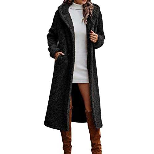 Zhsxertwy Women Teddy Fleece Long Coat Winter Warm Fluffy Jacket Hooded Sherpa Long Jacket Outwear Open Front Oversized Cardigan Autumn Longline Coats Mid Length Overcoat Teddy Bear Coats for Women