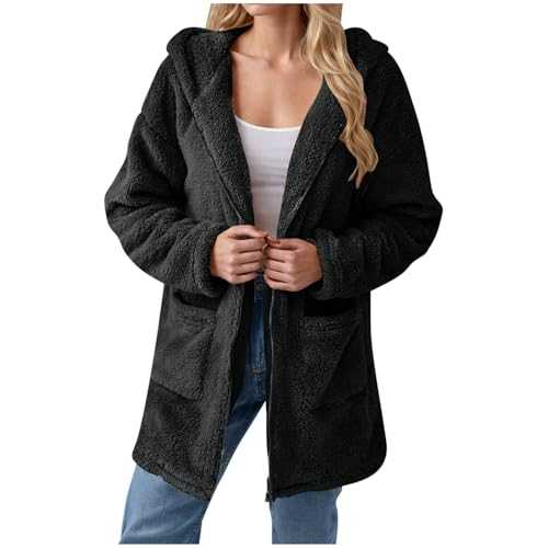 Women's Sherpa Jacket Zip Up Fuzzy Fluffy Coat Faux Fur Jacket Winter Hooded Fleece Outwear Pockets Dressy Fall Outfits Long Trench Coats Y2K Teddy Shaggy Overcoat Ladies Sexy Plush Soft Outwear