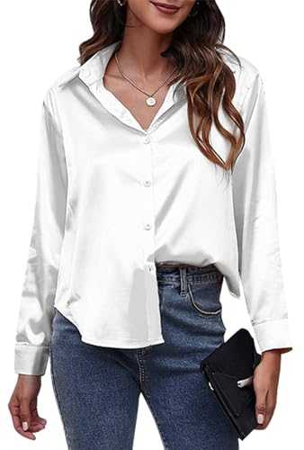 Maeau - Women's Satin Shirt Blouse Button Down Shirt Ladies Office Tops Casual Loose Work V Neck Silk Blouse Shirt