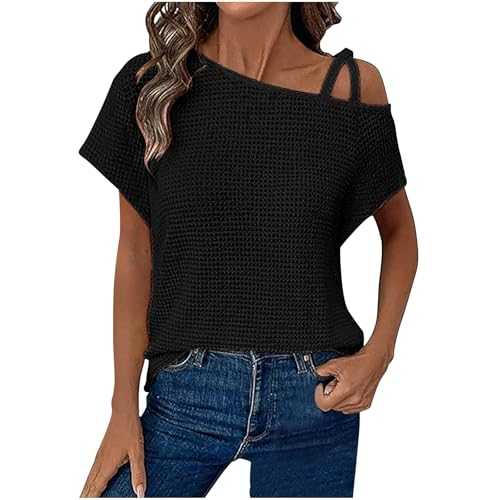 Dyhxuan Women's Waffle Knit T-Shirt Summer One Shoulder Short Sleeve Top Off Shoulder Tops Loose Blouse Elegant Summer Casual T-Shirt