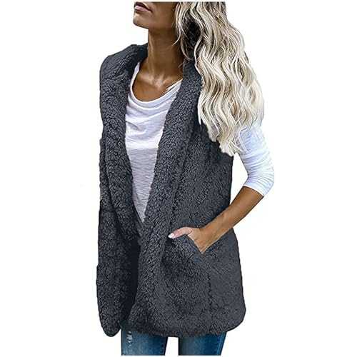 Zeiayuas Teddy Fleece Gilet for Women Sleeveless Open Front Waistcoat Sherpa Fluffy Vest Solid Color Body Warmer Lightweight Cozy Gilets Ladies Winter Warm Jacket with Pockets Fur Fuzzy Coat Outwear