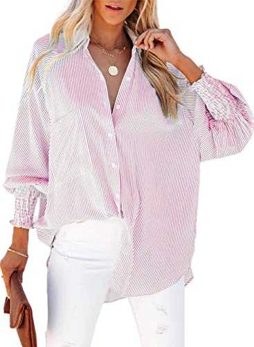 Women's Smocked Cuffed Striped Boyfriend Shirt with Pocket Casual Collar Long Sleeve Blouse Tops for Pocket Shirred