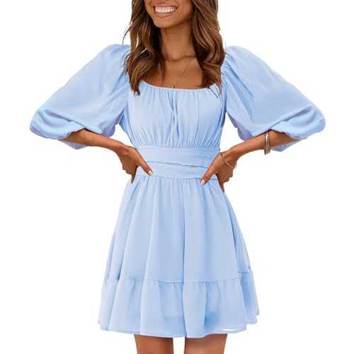 EXLURA Women's Lantern Sleeve Tie Back Summer Dress Ruffled Off Shoulder A-Line Vintage Mini Dress