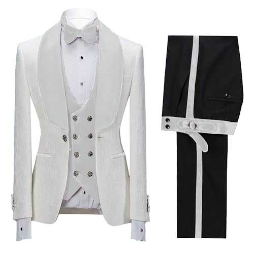 Men's Floral Jacquard Tuxedo Suits Shawl Collar Slim Fit 3 Piece Suits Dress Suits with Bow Tie