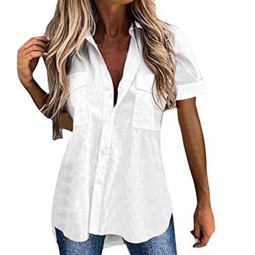 Vimoli Women Blouse Summer Vintage Floral Print Turn Down Collar Shirt Fashion Pocket Buttons Up Short Sleeve Casual Shirt Tops