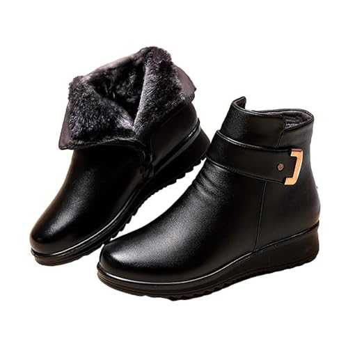 Skang Ankle Boots for Women UK Waterproof Leahter Boots Warm Fur Lined Snow Boots Non Slip Wedge Side Zipper Booties Outdoor Walking Shoes for Work Shopping